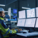Automation worker looking at computer screens