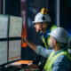 Two workers looking over computer monitors